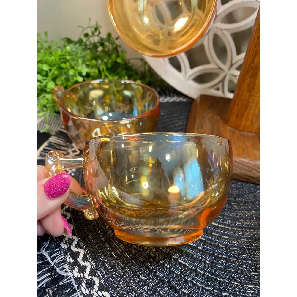 Vintage Fire-King Peach Lustre Tea‎ Cups Set of 6 Iridescent Copper Glass Mugs